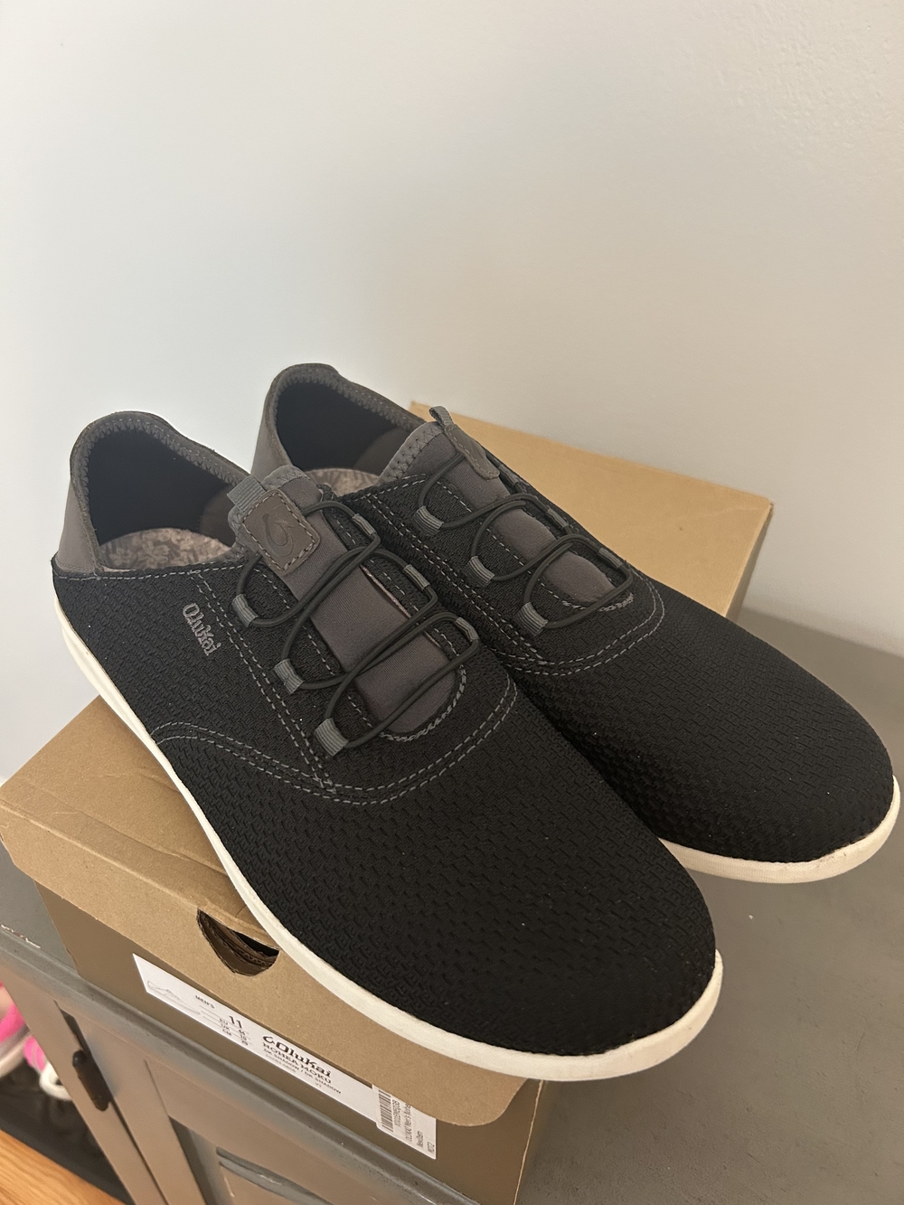 OluKai Men's Black Slip-On Knit Loafers with White Sole